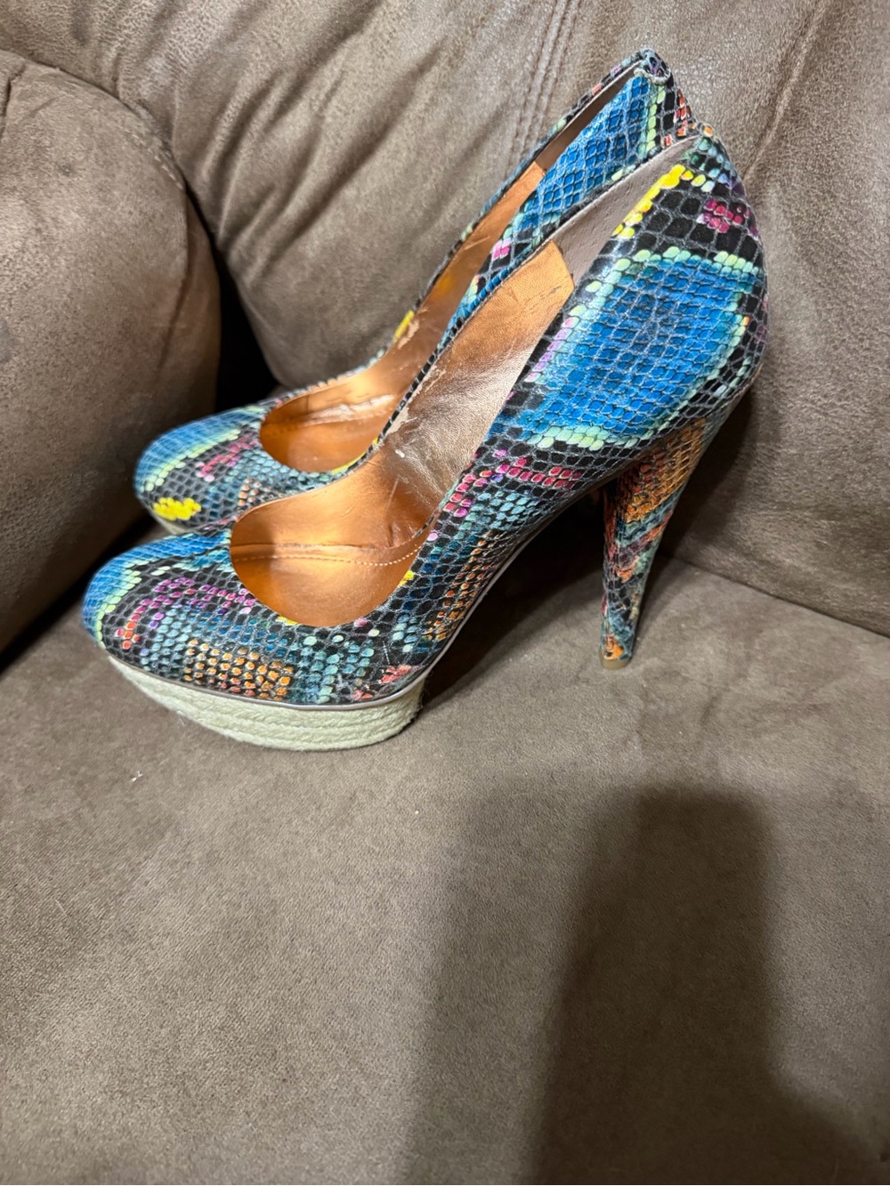 BCBGeneration Capone Multicolor Snakeskin Platform Pumps in Blue, Pink & Yellow